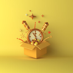 Happy new year 2022 decoration background with firework rocket clock opened box confetti, 3D rendering illustration