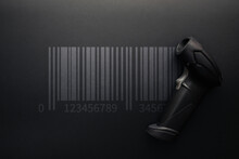 Barcode Concept. Retail Label Barcode Scan. Reader Laser Scanner For Warehouse On Black Background. Warehouse Inventory Management.