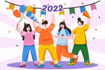 3 Flat New Year People Flat people celebrating new year with balloon and man and woman character. having fun party. vector illustration