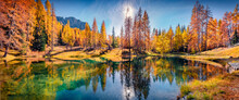 Panoramic Autumn View Of Scin Lake. Stunning Morning Scene Of Outskirts Of Cortina D'Ampezzo Town,  Province Of Belluno, Italy, Europe. Colorful Landscape Of Dolomite Alps.