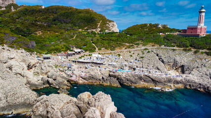 Poster - Amazing aerial view of Anacapri Lighthouse Beach in summer season. Spiaggia del Faro from drone, Italy.