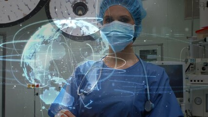 Poster - Animation of globe with network of connections over female surgeon in operating theatre