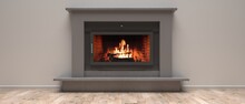 Burning Fire In An Energy Fireplace Radiates Heat, Warm House, Modern Home Interior, 3d Illustration