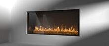 Burning Fire In An Energy Fireplace Radiates Heat, Warm House, Modern Home Interior, 3d Illustration