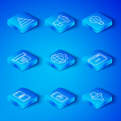 Poster - Set line Mobile phone SEO optimization, with graph chart, Website template, Light bulb concept idea, Graph, diagram, infographic, Pyramid infographics and Sales funnel arrows icon. Vector