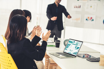 Poster - businesswoman in business meeting using laptop computer proficiently at office for marketing data an