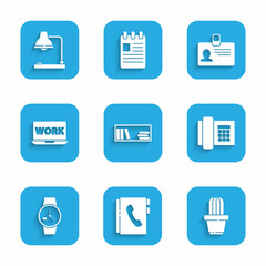 Poster - Set Shelf with books, Address, Cactus and succulent in pot, Telephone, Wrist watch, Laptop text work, Identification badge and Table lamp icon. Vector
