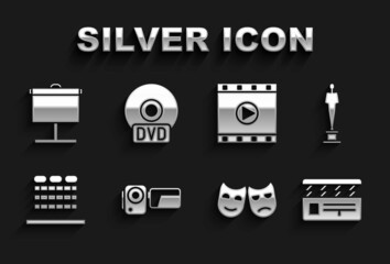 Poster - Set Cinema camera, Movie trophy, clapper, Comedy and tragedy masks, auditorium with seats, Play Video, Projection screen and CD DVD disk icon. Vector