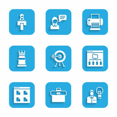 Poster - Set Target with arrow, Briefcase, Human lamp bulb, Browser files, Business strategy, Printer and Stage stand or tribune icon. Vector