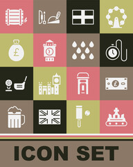 Poster - Set British crown, Pound sterling money, Watch with a chain, Flag of England, Big Ben tower, Money bag pound, Wooden barrel and Water drop icon. Vector