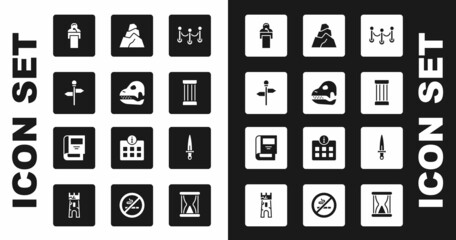 Sticker - Set Rope barrier, Dinosaur skull, Road traffic signpost, Gives lecture, Ancient column, Rock stones, Dagger and History book icon. Vector