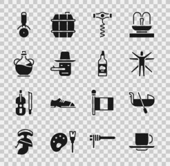 Sticker - Set Coffee cup, Gondola, Vitruvian Man, Wine corkscrew, Pinocchio, Bottle olive oil, Pizza knife and icon. Vector