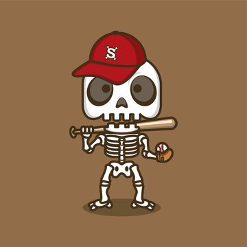 Cute cartoon skull character in the style of a baseball player. vector illustration for mascot logo or sticker