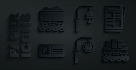 Wall Mural - Set Train station clock, News, QR code ticket train, Cargo wagon, bell and Coal icon. Vector