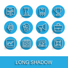 Poster - Set line Financial growth increase, Calendar, Key performance indicator, Online education, Target, Head puzzles strategy, Briefcase and Megaphone icon. Vector