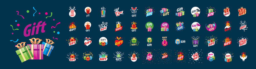 Wall Mural - a set of vector logos gift on a dark background