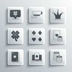 Wall Mural - Set Online poker table game, Casino chips, and playing cards, Deck of, Playing with spades, slot machine clover, and Joker icon. Vector