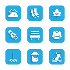 Poster - Set Bench, Jam jar, Waterproof rubber boot, Sweater, Garden rake, Winter scarf, Leaf or leaves and Sun and cloud weather icon. Vector