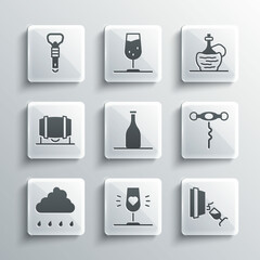 Sticker - Set Wine glass, tasting, degustation, corkscrew, Bottle of wine, Cloud with rain, Wooden barrel for, opener and italian fiasco bottle icon. Vector