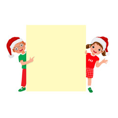 Poster - Little boy and girl wear Santa hat standing behind empty banner peeking and pointing finger over board.