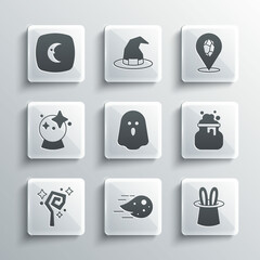 Sticker - Set Fireball, Magician hat and rabbit ears, Witch cauldron, Ghost, staff, Moon stars and stone icon. Vector