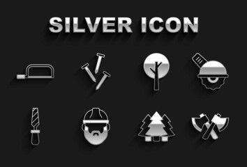 Wall Mural - Set Lumberjack, Electric circular saw, Wooden axe, Christmas tree, Rasp metal file, Tree, Hacksaw and Metallic nails icon. Vector