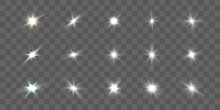 Realistic Collection Of Bright Light Effects, Sparkling Stars On A Transparent Background. Vector