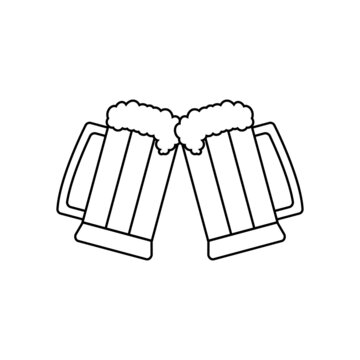 Double beer. Two beer mug together. Toast and cheers. Editable isolated linear vector illustration, icon and clipart on white background.