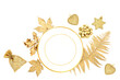Christmas decorative white and gold table place setting with porcelain plate, leaves, tree bauble decorations, gift items. Festive design for the Xmas season. Top view.