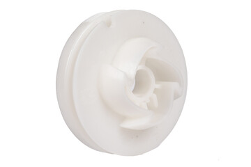 Wall Mural - plastic bushing on white background, starter spare part for trimmer or chainsaw and lawn mower