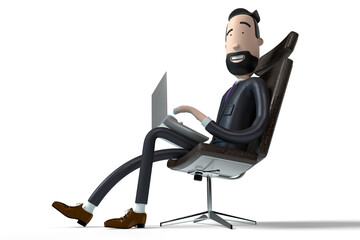 Poster - Handsome cartoon businessman sitting in office chair and working on a laptop - 3D illustration