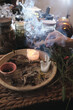 Ritual of burning dry herbs. Shamanic ritual, alternative medicine, herbal treatment.
