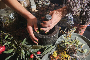 The girl grinds dry herbs in a mortar. Preparation of a mixture of dried herbs for making tea, medicines, tinctures. Phytotherapy, alternative medicine.