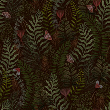 Hand Drawn Ferns Seamless Pattern, Forest Plants With Butterflies Dark Background