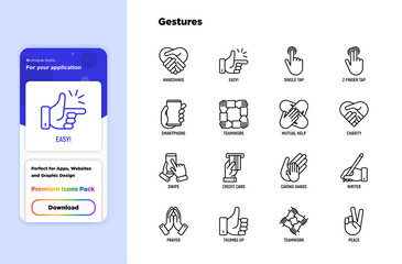 Hands gestures thin line icons set: handshake; easy sign; single tap; 2 finger tap; holding smartphone; teamwork; mutual help; swipe; insert credit card; prayer. Modern vector illustration.