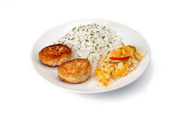 Wall Mural - Сlose up Homemade fried Fish Or Chicken Cutlets with rice and salad with sauerkraut on white plate isolated. Gourmet, portion. Banner menu recipe.