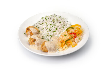 Wall Mural - Fish Meatballs with creamy sauce, Rice and salad with sauerkraut on white plate isolated on white background. Gourmet, portion. Menu