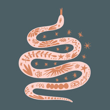 Boho Snake Ornate Animal Bohemian Naive Funky Handdrawn Style Art