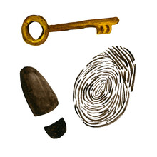 Watercolor Detective Set Fingerprint Boot Print And Golden Key