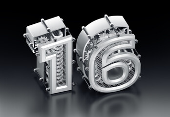 Aufkleber - The Number Sixteen. 3D digits are designed in a modern steampunk style and combined to a number sixteen. They are placed on reflective black background. 3d rendering graphics in isometric projection.