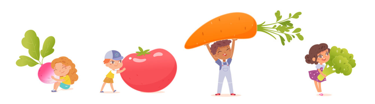 Children love to eat vegetables healthy food, child holding tomato carrot broccoli radish