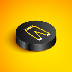 Sticker - Isometric line Sport pants icon isolated on yellow background. Black circle button. Vector