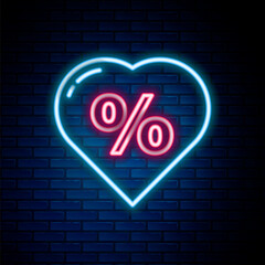 Poster - Glowing neon line Discount percent tag in heart icon isolated on brick wall background. Shopping tag sign. Special offer sign. Discount coupons symbol. Colorful outline concept. Vector