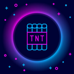 Sticker - Glowing neon line Detonate dynamite bomb stick and timer clock icon isolated on black background. Time bomb - explosion danger concept. Colorful outline concept. Vector