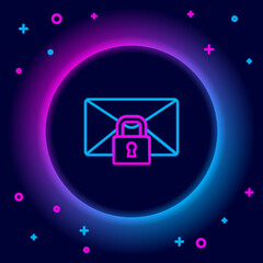 Fototapete - Glowing neon line Mail message lock password icon isolated on black background. Envelope with padlock. Private, security, secure, protection, privacy. Colorful outline concept. Vector