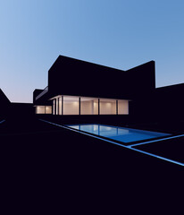 Modern Luxury Art House Minimalist Mansion Orange Villa Large Architecture Home Exterior Building with Blue Sky and Black Stone Slab Garden with Pool 3d illustration render 