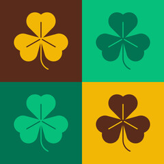 Pop art Clover icon isolated on color background. Happy Saint Patrick day. Vector