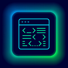 Glowing neon line Software, web developer programming code icon isolated on black background. Javascript computer script random parts of program code. Colorful outline concept. Vector