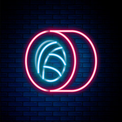 Sticker - Glowing neon line Sushi icon isolated on brick wall background. Traditional Japanese food. Colorful outline concept. Vector