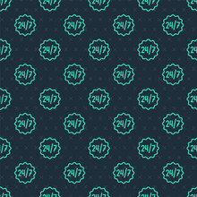 Green Line Clock 24 Hours Icon Isolated Seamless Pattern On Blue Background. All Day Cyclic Icon. 24 Hours Service Symbol. Vector